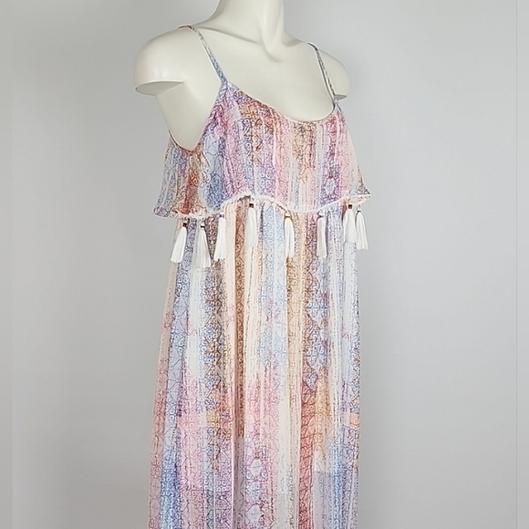 Design Lab Lord & Taylor Sleeveless Maxi Dress Pastel Multi Print Tassles Size M - Picture 3 of 14